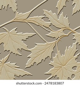 Embossed autumn marple leaves 3d seamless pattern. Branches leaves relief background. Repeat textured vector backdrop. Surface emboss leaves. 3d endless ornament with embossing effect. Leafy texture.