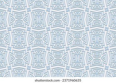 Embossed background, tribal cover design. Ethnic geometric 3D Greek blue pattern, meander. Artistic texture. Vintage abstract themes of the East, Asia, India, Mexico, Aztec, Peru.