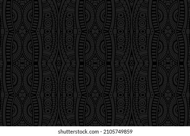 Embossed beautiful black background, vintage cover design. Geometric monochrome 3D pattern, handmade style. Ethnic creativity of the peoples of the East, Asia, India, Mexico, Aztec.