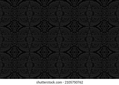Embossed beautiful unique black background, vintage cover design. Geometric monochrome 3D pattern, handmade style. Ethnic creativity of the peoples of the East, Asia, India, Mexico, Aztec.