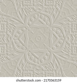 Embossed beige 3d greek vector seamless pattern. Emboss arabesque style background. Repeat surface textured backdrop. Greek meanders lines relief ornaments. Floral grunge design. Embossing 3d texture.