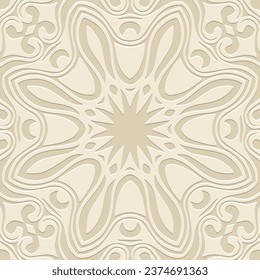 Embossed beige background, cover design. Geometric ethnic floral 3D pattern, press paper, leather. Handmade, mandala, ornament. Boho, unique traditions of the East, Asia, India, Mexico, Aztec, Peru.