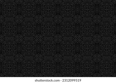 Fondo negro con relieve, diseño abstracto de la cubierta. Patrón geométrico 3D, papel de prensa, cuero. Boho, hecho a mano. Textura tribal, etnia ornamental única de Oriente, Asia, India, México, Azteca, Perú.