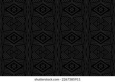 Embossed black background, artistic cover design. Geometric 3D pattern, press paper, leather. Ornaments handmade East, Asia, India, Mexico, Aztecs, Peru. Ethnic boho motifs, art deco.