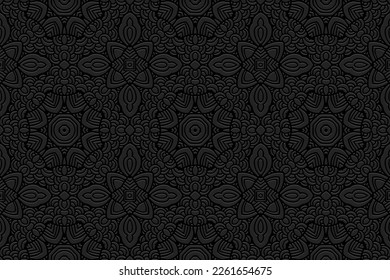 Embossed black background, cover design. Geometric decorative 3D pattern, press paper, leather. Ornaments of the East, Asia, India, Mexico, Aztecs, Peru. Ethnic boho motifs.