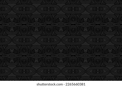 Embossed black background, cover design. Geometric trendy 3D pattern, press paper, leather. Ornaments of the East, Asia, India, Mexico. Ethnic boho motifs, doodling and zentangle, art deco.