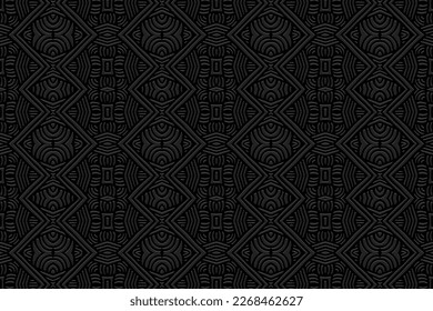 Embossed black background, cover design. Geometric original 3D pattern, press paper, leather. Ornaments handmade East, Asia, India, Mexico, Aztecs, Peru. Ethnic boho motifs, hot topics.