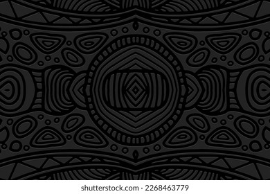 Embossed black background, cover design. Geometric minimalistic 3D pattern, press paper. Ornaments handmade East, Asia, India, Mexico, Aztecs, Peru. Ethnic boho motifs, hot topics.
