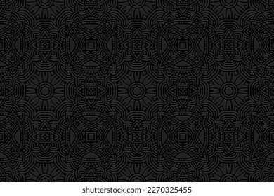 Embossed black background, cover design. Geometric decorative 3D pattern, press paper, leather, ethnic boho, hot topics in the style of handmade peoples East, Asia, India, Mexico, Aztecs, Peru.