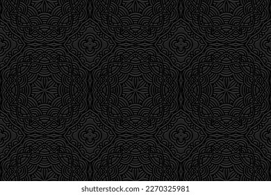 Embossed black background, cover design. Geometric abstract 3D pattern, press paper, leather, ethnic boho, hot topics in the style of handmade peoples East, Asia, India, Mexico, Aztecs, Peru.