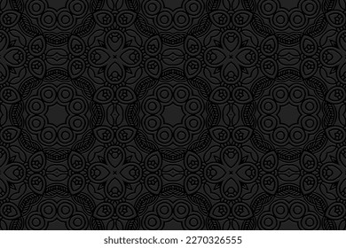 Fondo negro con relieve, diseño de portada. Patrón geométrico único 3D, papel de prensa, cuero, boho étnico, temas candentes al estilo de los pueblos hechos a mano Este, Asia, India, México, Aztecas, Perú.