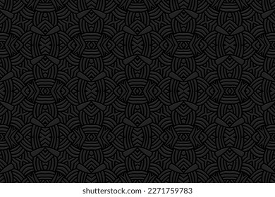 Embossed black background, cover design. Geometric original 3D pattern, press paper, leather. Boho, handmade ethnic themes. Traditions of the East, Asia, India, Mexico, Aztecs, Peru.