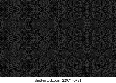 Embossed black background, cover design. Geometric 3D pattern, press paper, leather. Boho, handmade. Tribal ethnic vector vintage texture of East, Asia, India, Mexico, Aztec, Peru.