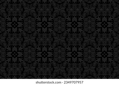 Embossed black background, cover design. Geometric ethnic 3D pattern, press paper, leather. Boho, handmade. Fine tribal art of the East, Asia, India, Mexico, Aztec, Peru.