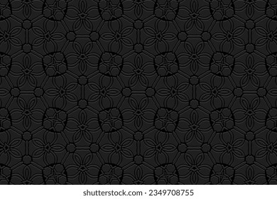 Embossed black background, cover design. Geometric ethnic stylish 3D pattern, press paper, leather. Boho, handmade. Fine tribal art of the East, Asia, India, Mexico, Aztec, Peru.