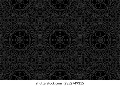 Embossed black background, cover design. Geometric ethnic floral 3D pattern, press paper, leather. Boho, handmade, antistress. Ornamental exotic art of the East, Asia, India, Mexico, Aztec, Peru.