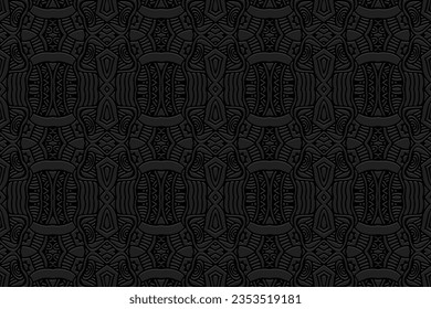 Eingeschränkter schwarzer Hintergrund, Cover-Design. Geometrisches 3D-Muster, Presspapier, Leder. Boho, handgefertigt, Antistress. Minimalistische exotische Designs aus Ost, Asien, Indien, Mexiko, Aztec, Peru.