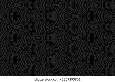 Embossed black background, cover design. Geometric ethnic 3D pattern, press paper, leather. Handmade, anti-stress. Boho, tribal minimalist designs of East, Asia, India, Mexico, Aztec, Peru.