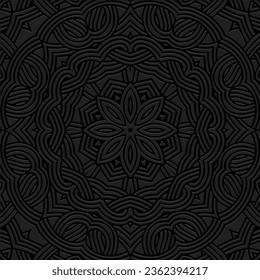 Embossed black background, cover design. Geometric ethnic floral 3D pattern, press paper, leather. Handmade, artistic mandala. Boho, unique motifs of the East, Asia, India, Mexico, Aztec, Peru.