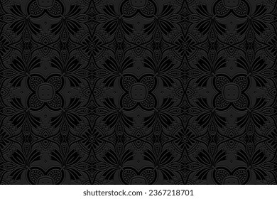 Embossed black background, cover design. Geometric ethnic floral 3D pattern, press paper, leather. Artistic mandala, boho, handmade.
Decorative ornaments of the East, Asia, India, Mexico, Aztec, Peru.