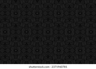 Fondo negro con relieve, diseño de portada. Estilo boho, único hecho a mano. Patrón geométrico étnico 3D, papel de prensa, cuero. Pintura de época de Oriente, Asia, India, México, Azteca, Perú.