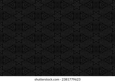 Embossed black background, cover design. Boho style, handmade. Geometric ethnic trendy 3D pattern, doodling, zentangle. Press paper, leather. Ornaments of the East, Asia, India, Mexico, Aztec, Peru.