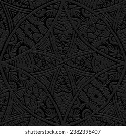 Eingeschränkter schwarzer Hintergrund, Cover-Design. Boho Stil, handgefertigt. Geometrisches ethnisches Vintage-3D-Muster. Papier, Leder. Alte künstlerische Ornamente aus Ost, Asien, Indien, Mexiko, Aztec, Peru.