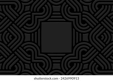 Embossed black background, cover design. Handmade, boho. Geometric 3D pattern, place for text. Ornaments, arabesques. Vintage art of the East, Asia, India, Mexico, Aztec, Peru. Ideas for creativity.