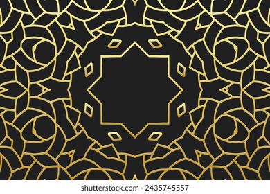 Embossed black background, cover design. Handmade. Geometric openwork gold 3D pattern. Ornaments, arabesques, boho style. Traditions of the East, Asia, India, Mexico, Aztec. Current design and decor.