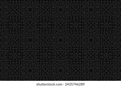 Embossed black background, cover design. Handmade. Geometric abstract 3D pattern. Ornaments, arabesques, boho style. Traditions of the East, Asia, India, Mexico, Aztec, Peru. Current design and decor.