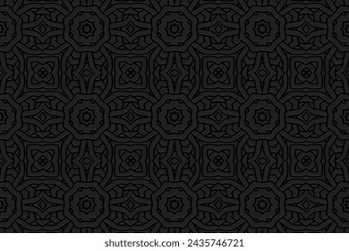 Embossed black background, cover design. Handmade. Geometric unique 3D pattern. Ornaments, arabesques, boho style. Traditions of the East, Asia, India, Mexico, Aztec, Peru. Current design and decor.