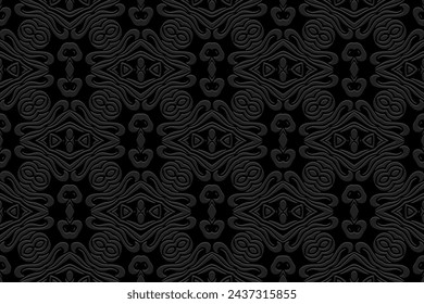 Fondo negro grabado, diseño de la cubierta. Patrón geométrico abstracto 3D, hecho a mano. Adornos, arabescos, boho. Diseño original en las mejores tradiciones de los pueblos de Oriente, Asia, India, México.