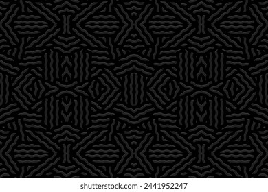 Fondo negro grabado, diseño de la cubierta. Patrón geométrico abstracto 3D, hecho a mano, garabatos, boho. Diseño en las tradiciones étnicas de los pueblos de Oriente, Asia, India, México, Azteca, Perú.