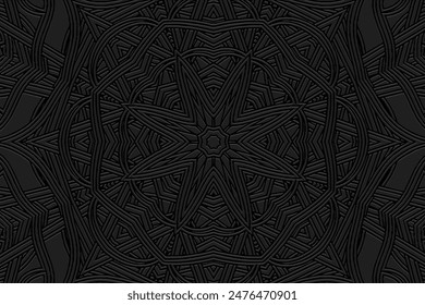 Embossed black background, cover design. Tribal boho motifs. Geometric exotic 3D pattern, business card. Ethnic ornaments, handmade from the East, Asia, India, Mexico, Aztec, Peru.