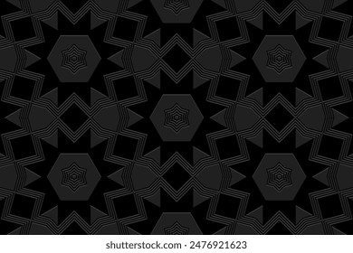 Embossed black background, cover design, banner. Geometric decorative 3D pattern. Ethnic ornaments, arabesques, handmade. Boho style of the East, Asia, India, Mexico, Aztec, Peru.
