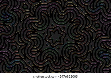 Fondo negro grabado, diseño de la cubierta, Anuncio. Patrón 3D geométrico brillante vintage. Adornos étnicos, arabescos, hechos a mano. Estilo boho de Oriente, Asia, India, México, Azteca, Perú.
