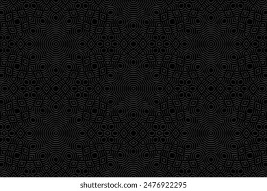 Fondo negro grabado, diseño de la cubierta, Anuncio. Patrón 3D vintage creativo geométrico. Adornos étnicos, arabescos, hechos a mano. Estilo boho de Oriente, Asia, India, México, Azteca, Perú.