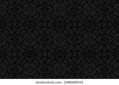 Embossed black background, cover design, banner. Geometric tribal exotic 3D pattern. Ethnic ornaments, arabesques, handmade. Art Deco, traditions of the East, Asia, India, Mexico, Aztec, Peru.