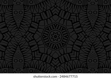 Embossed black background, cover design, banner. Geometric tribal original 3D pattern. Ethnic ornaments, arabesques, mandala. Handmade exotic. Motifs of the East, Asia, India, Mexico, Aztec, Peru.