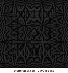 Embossed black background, cover design, banner, logo. Geometric tribal original 3D pattern. Ethnic ornaments, mandala, handmade East, Asia, India, Mexico, Aztec, Peru.