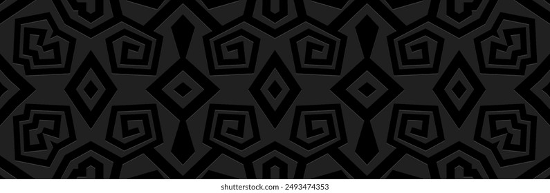 Fondo negro grabado, diseño de la cubierta, Anuncio. Patrón geométrico griego clave 3D, meandro antiguo único. Adornos étnicos. Tradiciones de Oriente, Asia, India, México, Azteca, Perú, Grecia.