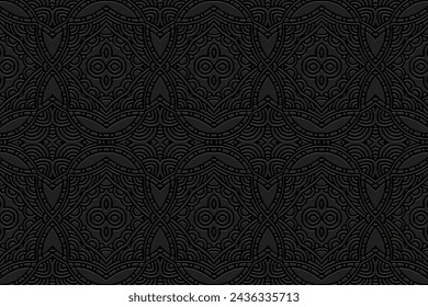 Embossed black background, decorative cover design. Geometric 3D pattern, handmade. Ornaments, arabesques, boho style. Design and decor in the best traditions of the peoples of the East, Asia, India.