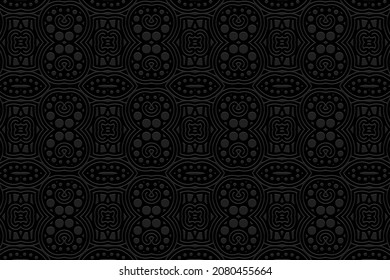 Embossed black background design. Abstract texture with geometric volumetric convex ethnic 3D pattern.Vector graphic template in the style of folk art for business background, wallpaper, presentations