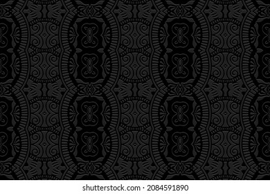 Embossed black background design, art deco.Texture with geometric volumetric convex ethnic artistic 3D pattern.Vector graphic template in the style of the peoples of the East, Asia, India, Mexico.