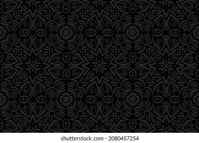 Embossed black background design. Elegant texture with geometric volumetric convex ethnic 3D pattern. Vector graphic template in the style of folk art for business background, wallpaper, presentations