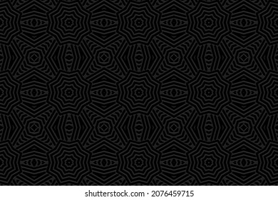 Embossed black background design. Floral texture with geometric volumetric convex ethnic 3D pattern, art deco. Vector graphic template for business background, magazine layout, brochure, booklet.