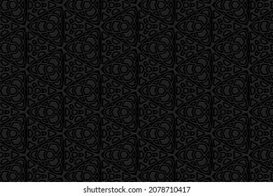 Diseño de fondo negro con relieve con elementos de arte folclórico. Textura moderna con patrón convexo geométrico volumétrico geométrico 3D. Plantilla gráfica vectorial para el fondo de negocio, diseño de revista. 