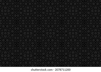 Embossed black background design with folk art elements. Stylish texture with geometric volumetric convex ethnic 3D pattern.Vector graphic template for business background, magazine layout.