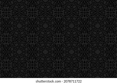 Embossed black background design with folk art elements. Beautiful texture with geometric volumetric convex ethnic 3D pattern.Vector graphic template for business background, magazine layout.