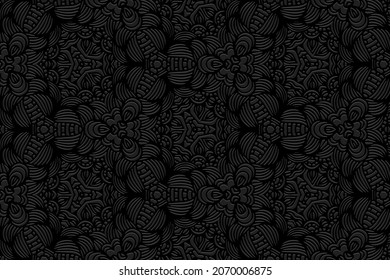 Embossed black background design, unique banner with geometric volumetric convex ethnic 3D pattern. Oriental, Indonesian, Mexican, Aztec style, handmade technique, art deco.